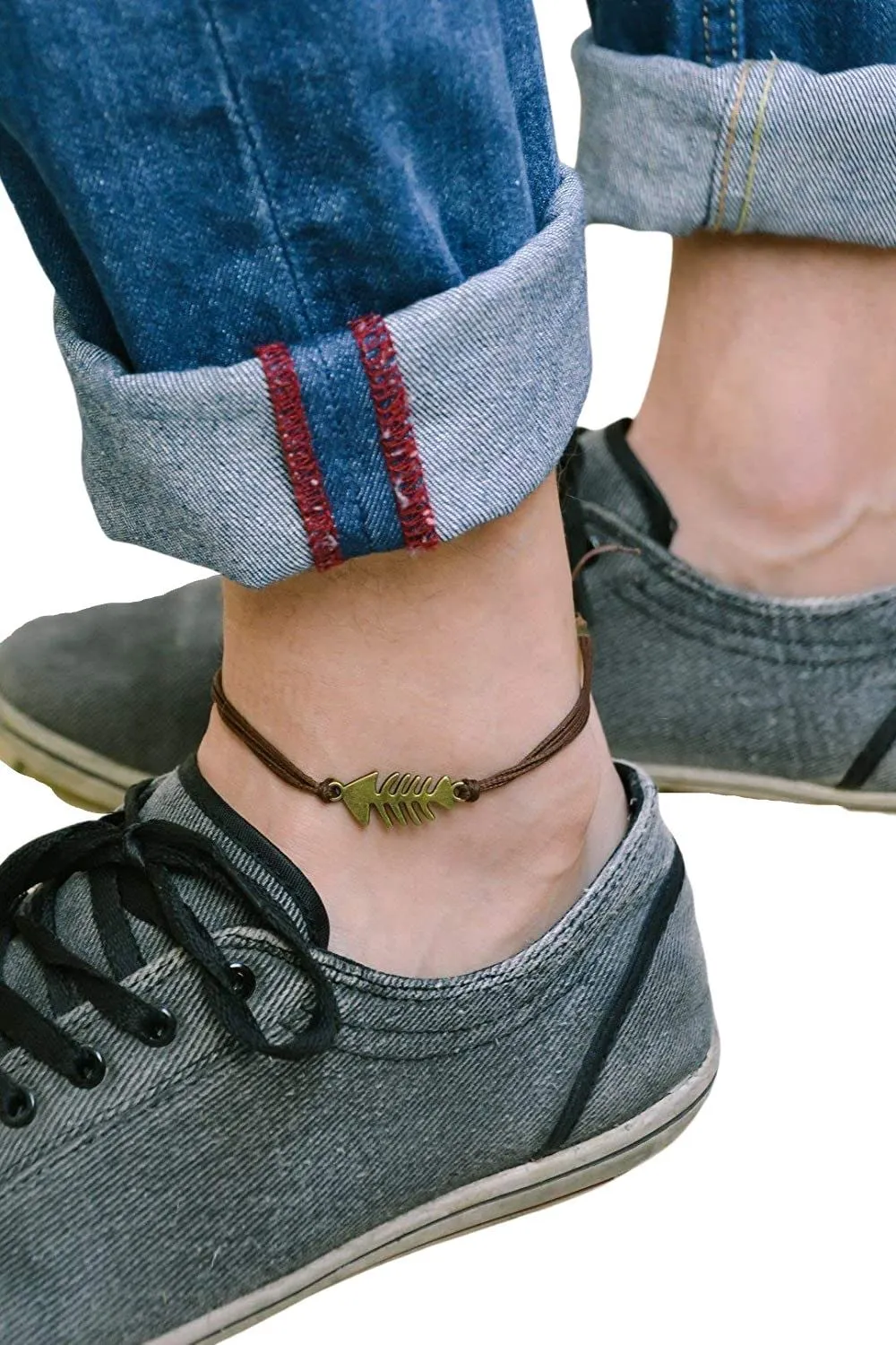 Fish bones anklet for men, men's anklet with a bronze tone fishbone, brown cotton cord, custom gift for him, ankle bracelet, nautical ocean sea fisherman sailor jewelry