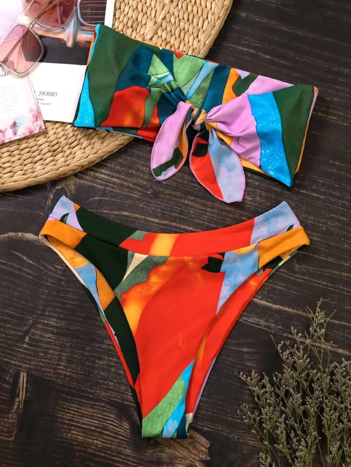 Floerns Women's Boho Two Piece High Waist Bathing Suit Bandeau Swimsuit