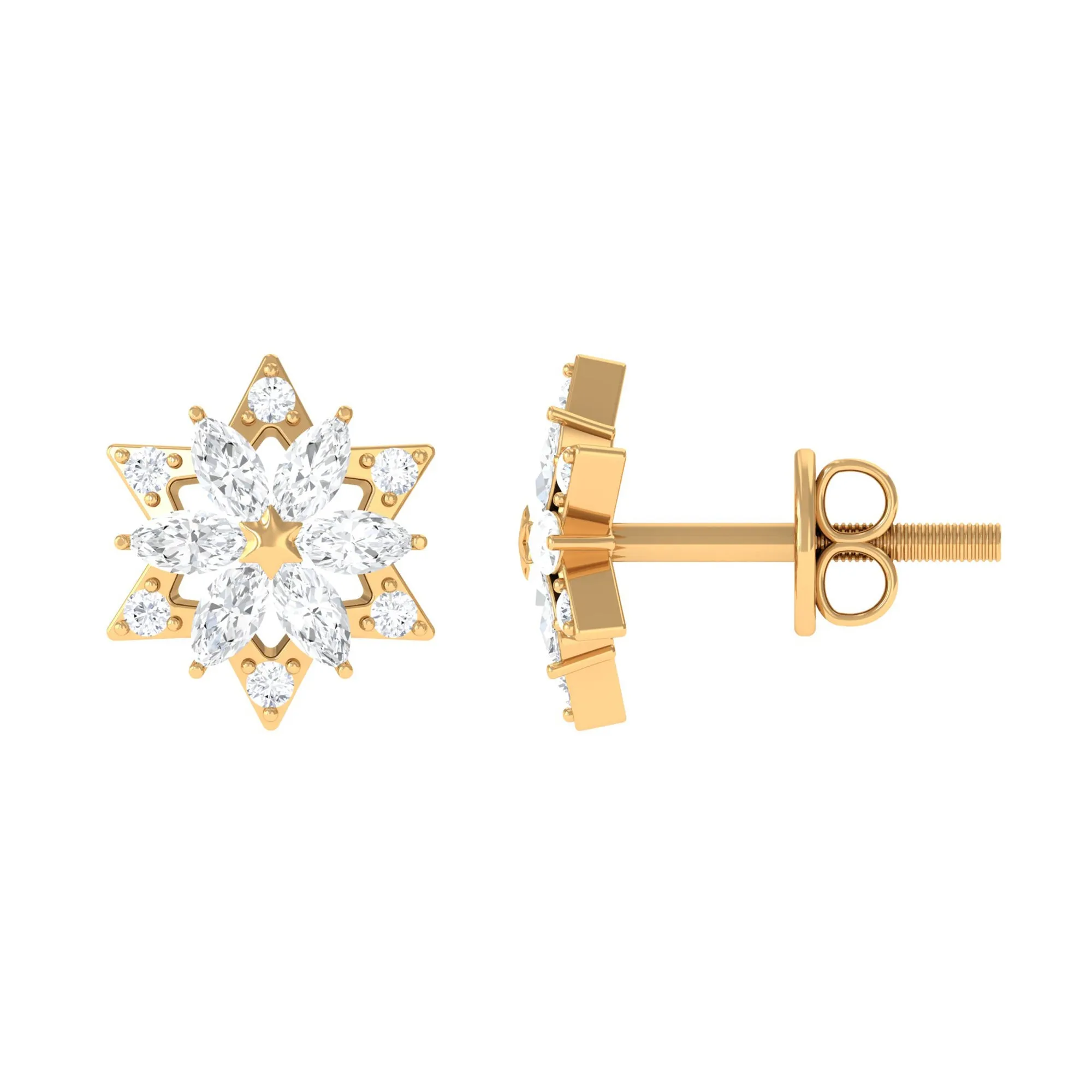 Flower Stud Earrings with Marquise and Round Diamond