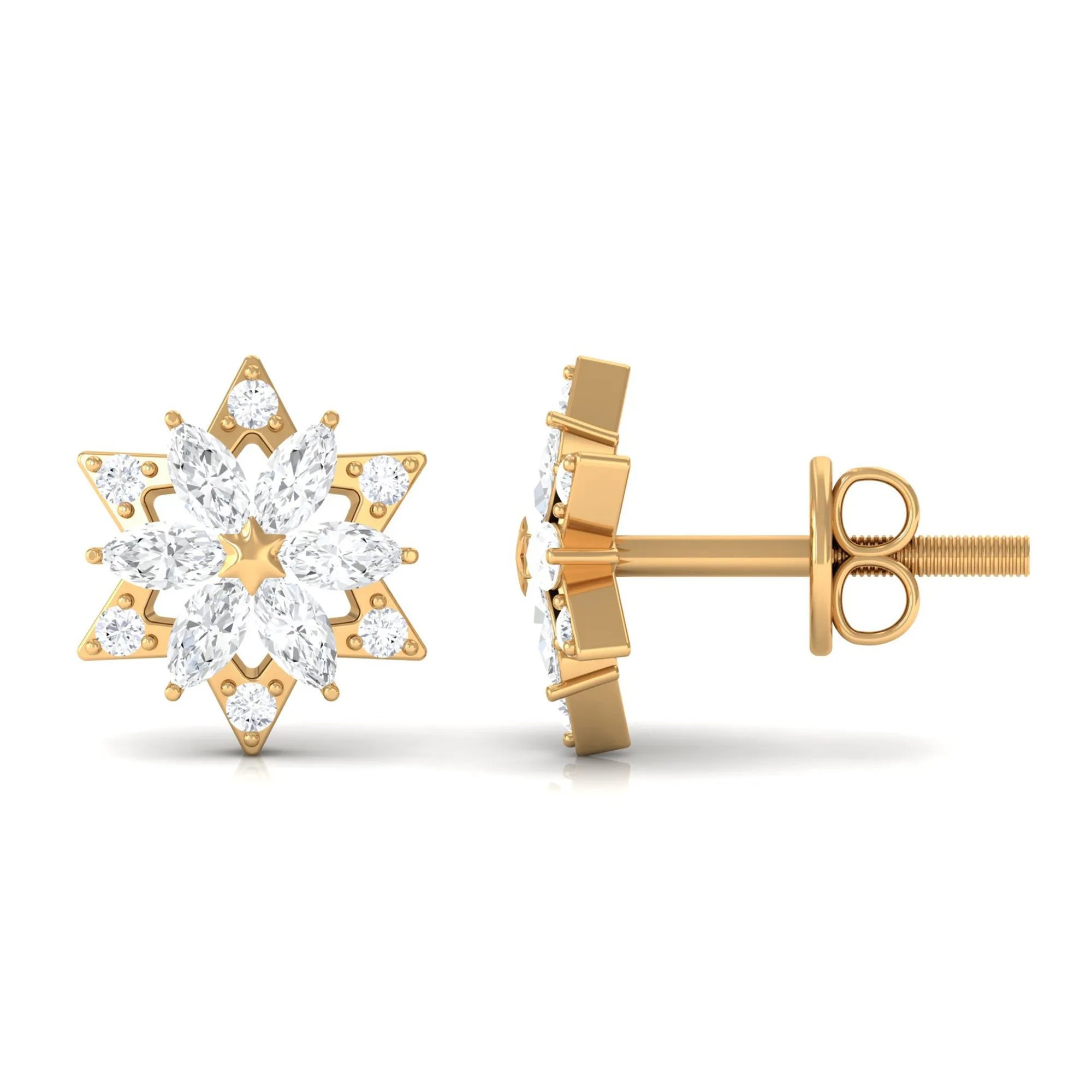 Flower Stud Earrings with Marquise and Round Diamond