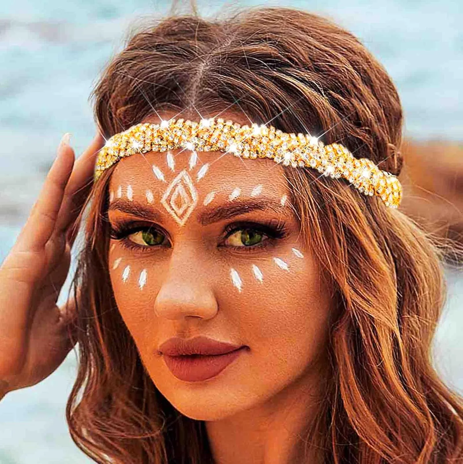 Fstrend Gold Elastic Rhinestone headbands Sparkly Crystal Headpiece Hair Accessories