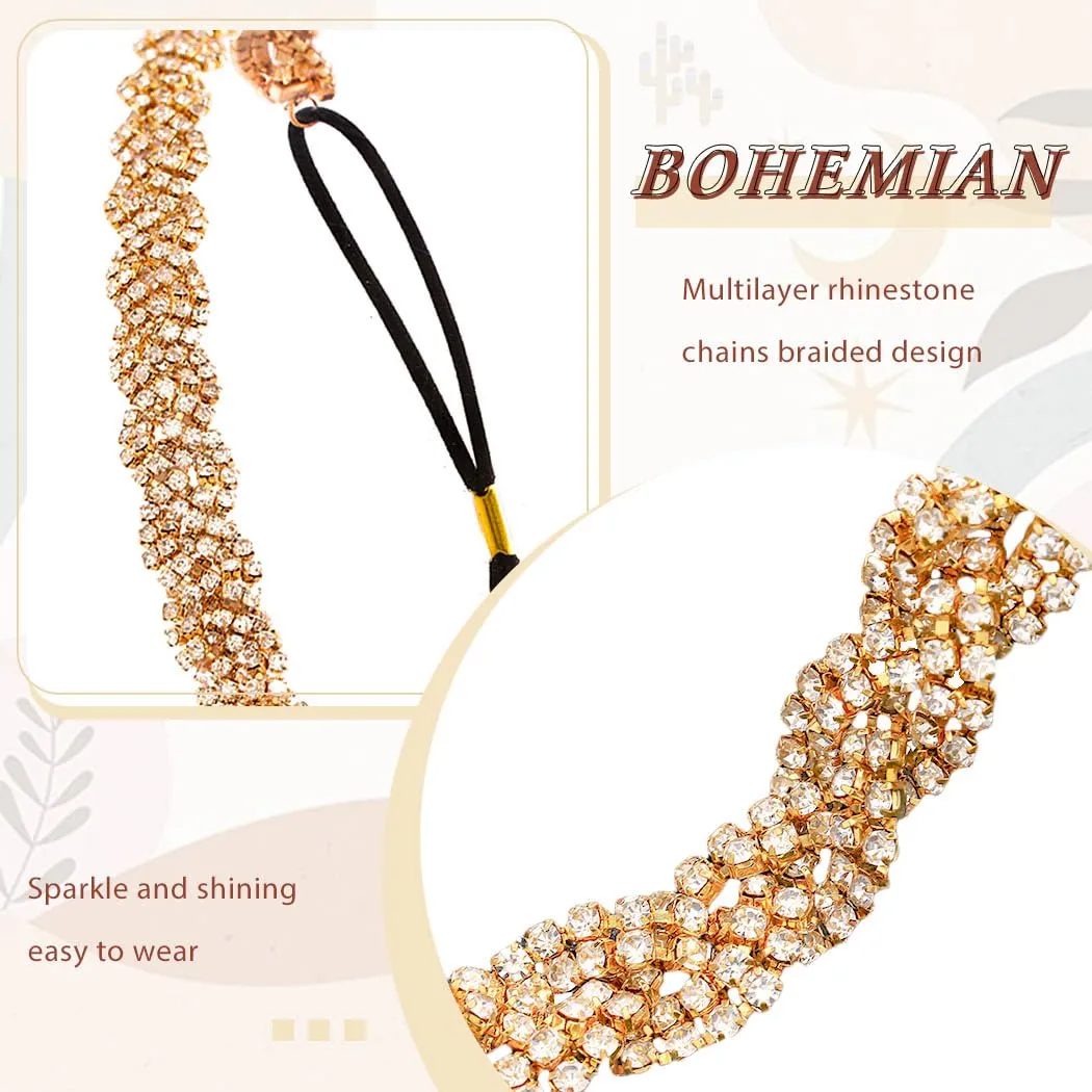 Fstrend Gold Elastic Rhinestone headbands Sparkly Crystal Headpiece Hair Accessories