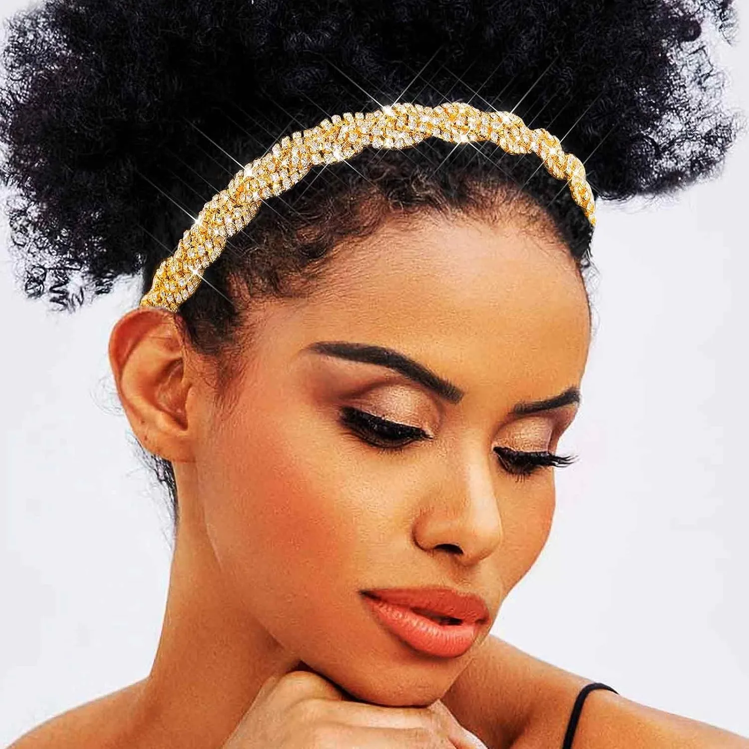 Fstrend Gold Elastic Rhinestone headbands Sparkly Crystal Headpiece Hair Accessories