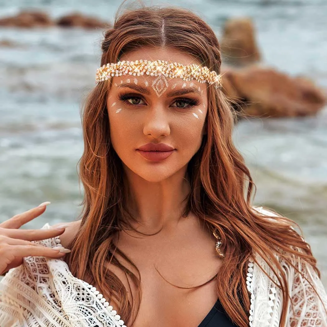 Fstrend Gold Elastic Rhinestone headbands Sparkly Crystal Headpiece Hair Accessories