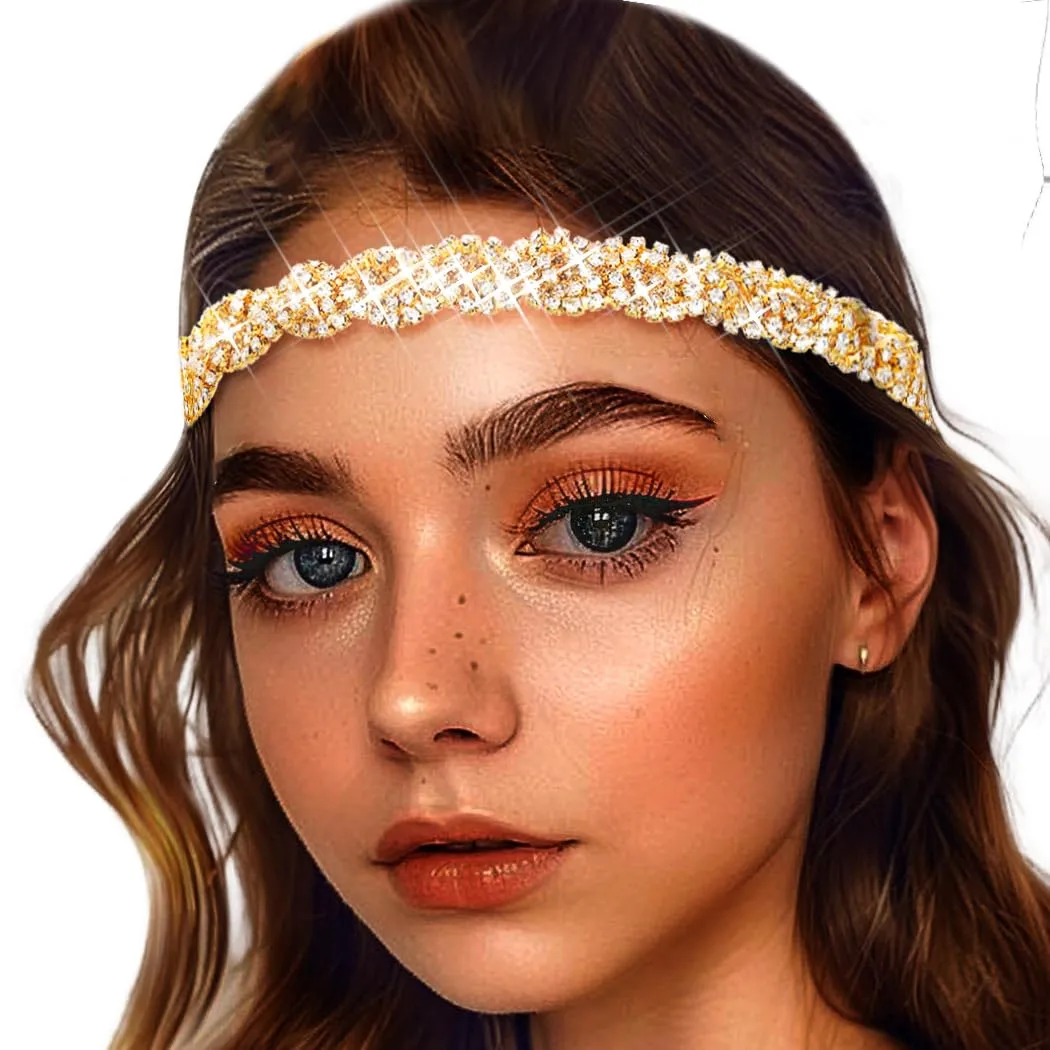 Fstrend Gold Elastic Rhinestone headbands Sparkly Crystal Headpiece Hair Accessories