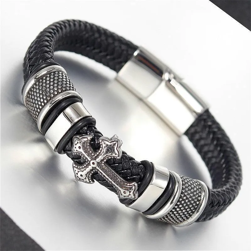 Hand-Woven Leather Magnetic Clasp Charm Cross Wrap Bracelet