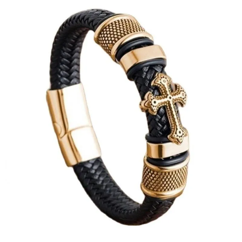 Hand-Woven Leather Magnetic Clasp Charm Cross Wrap Bracelet
