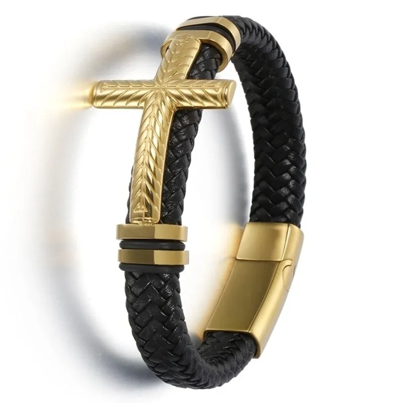 Hand-Woven Leather Magnetic Clasp Charm Cross Wrap Bracelet