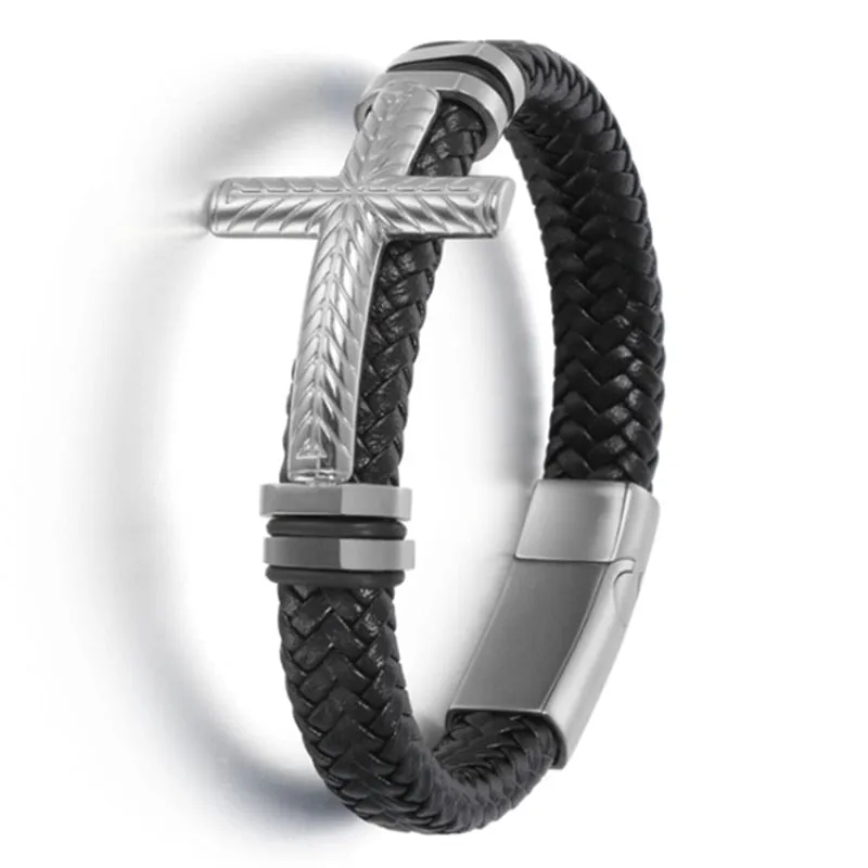 Hand-Woven Leather Magnetic Clasp Charm Cross Wrap Bracelet