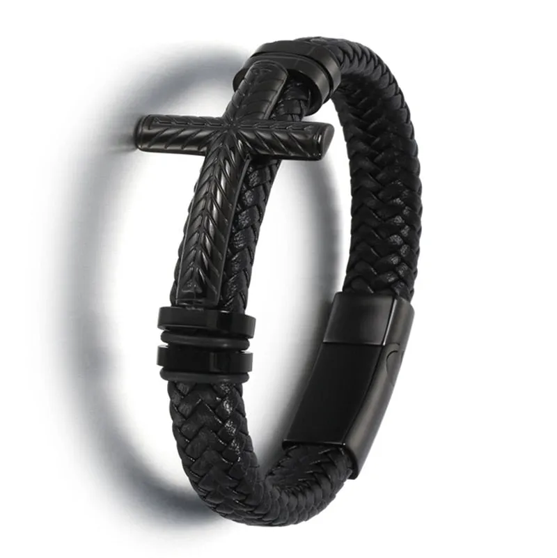Hand-Woven Leather Magnetic Clasp Charm Cross Wrap Bracelet