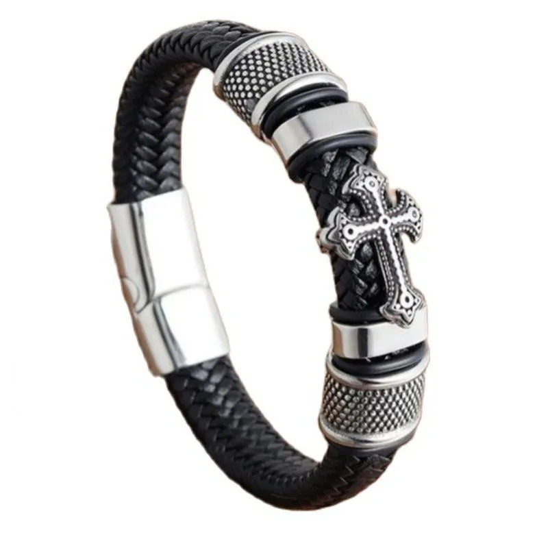 Hand-Woven Leather Magnetic Clasp Charm Cross Wrap Bracelet