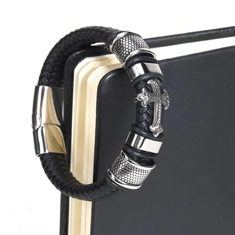 Hand-Woven Leather Magnetic Clasp Charm Cross Wrap Bracelet