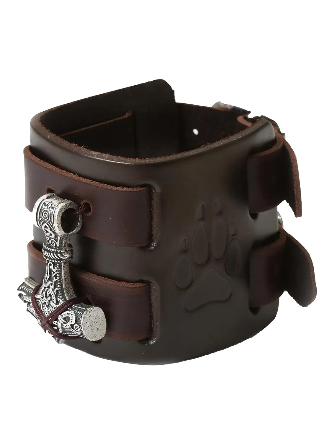 HAQUIL Viking Bracelet for Men - Mjolnir Pendant, Nordic Wide Leather Wristband, Men's Jewelry