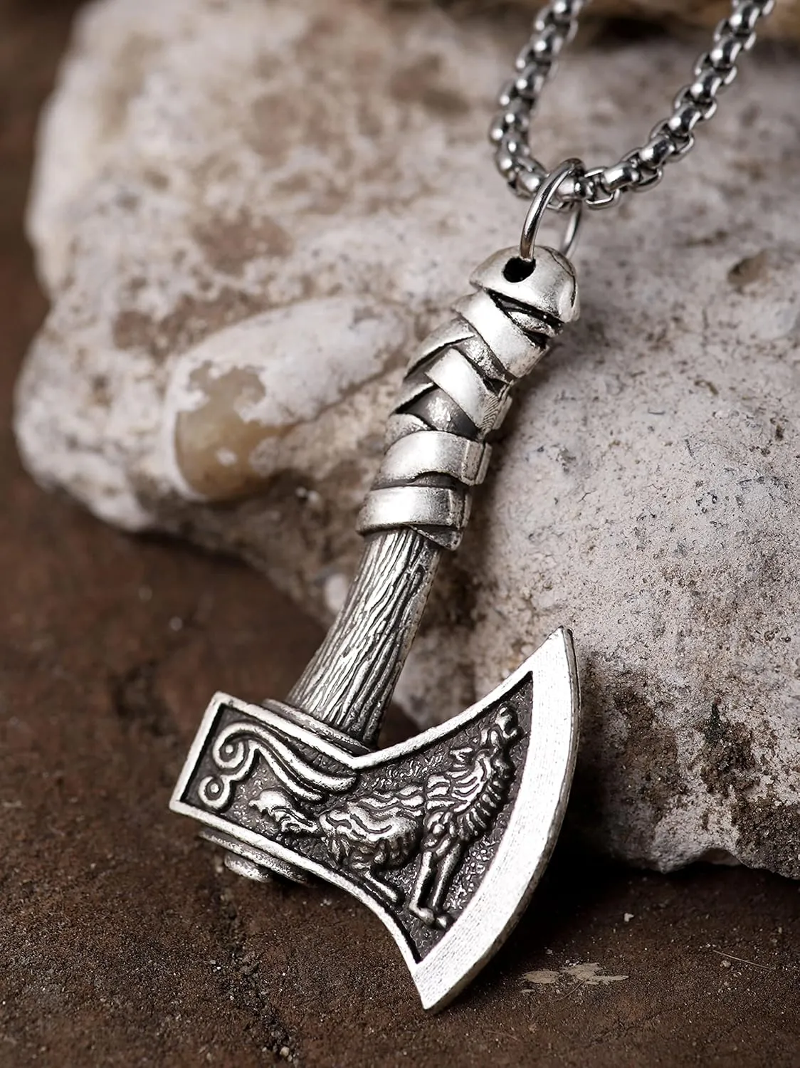 HAQUIL Viking Necklace for Men, Stainless Steel Mjolnir Pendant, Wolf Head King Chain, Viking Jewelry Gift for Men