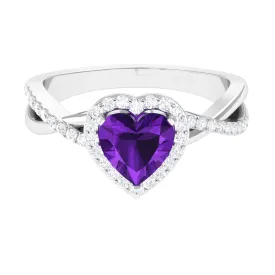 Heart Shape Amethyst Crossover Engagement Ring with Diamond