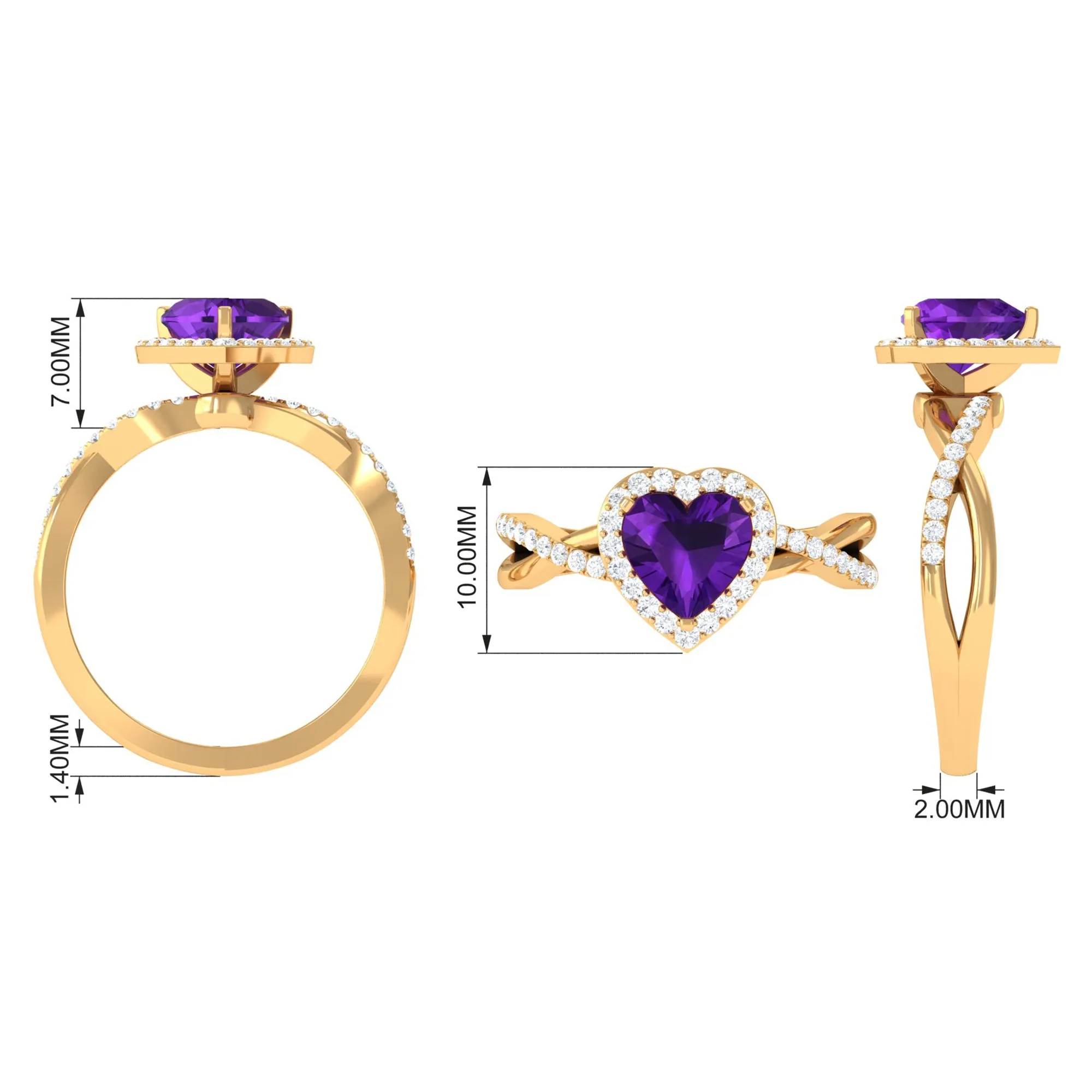 Heart Shape Amethyst Crossover Engagement Ring with Diamond