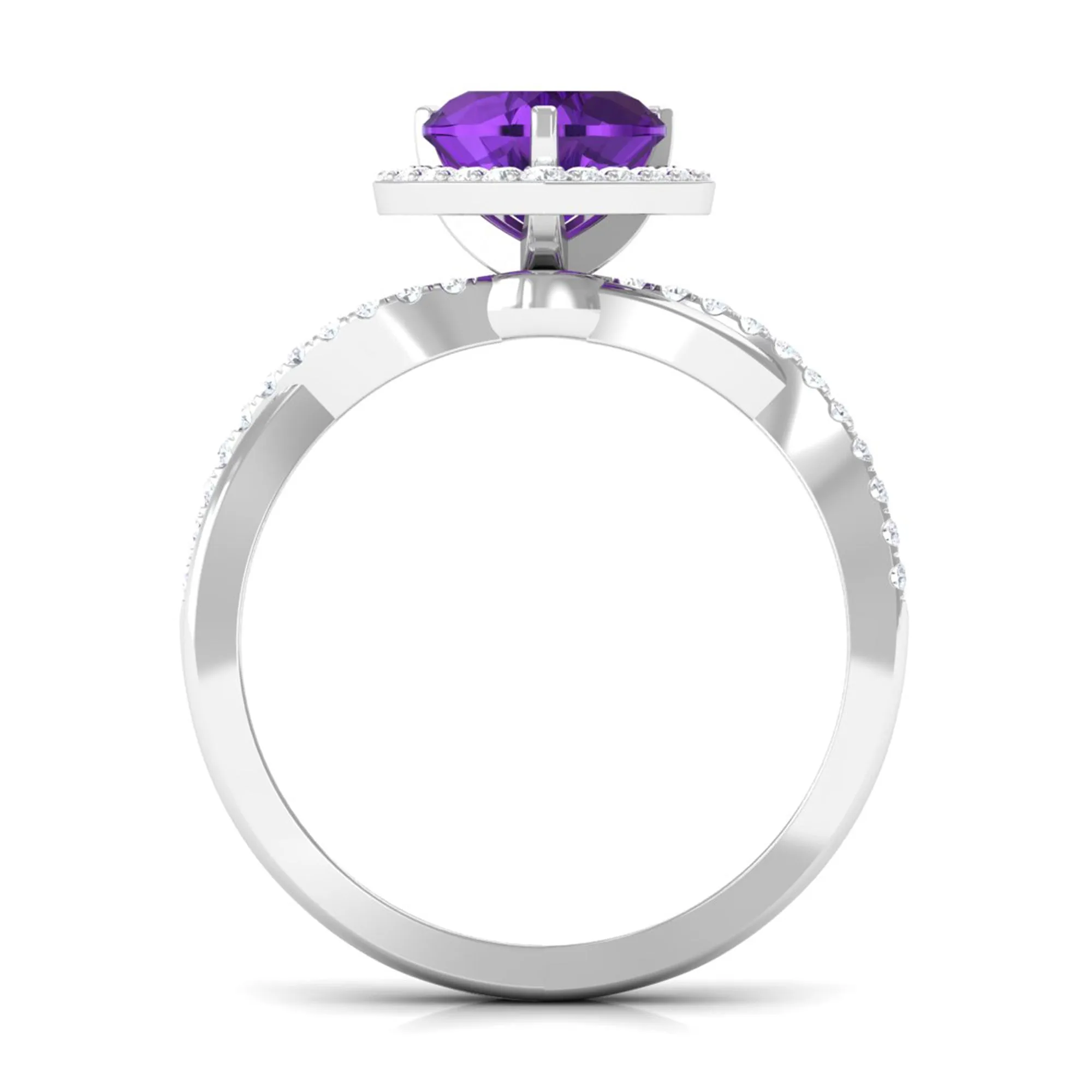 Heart Shape Amethyst Crossover Engagement Ring with Diamond