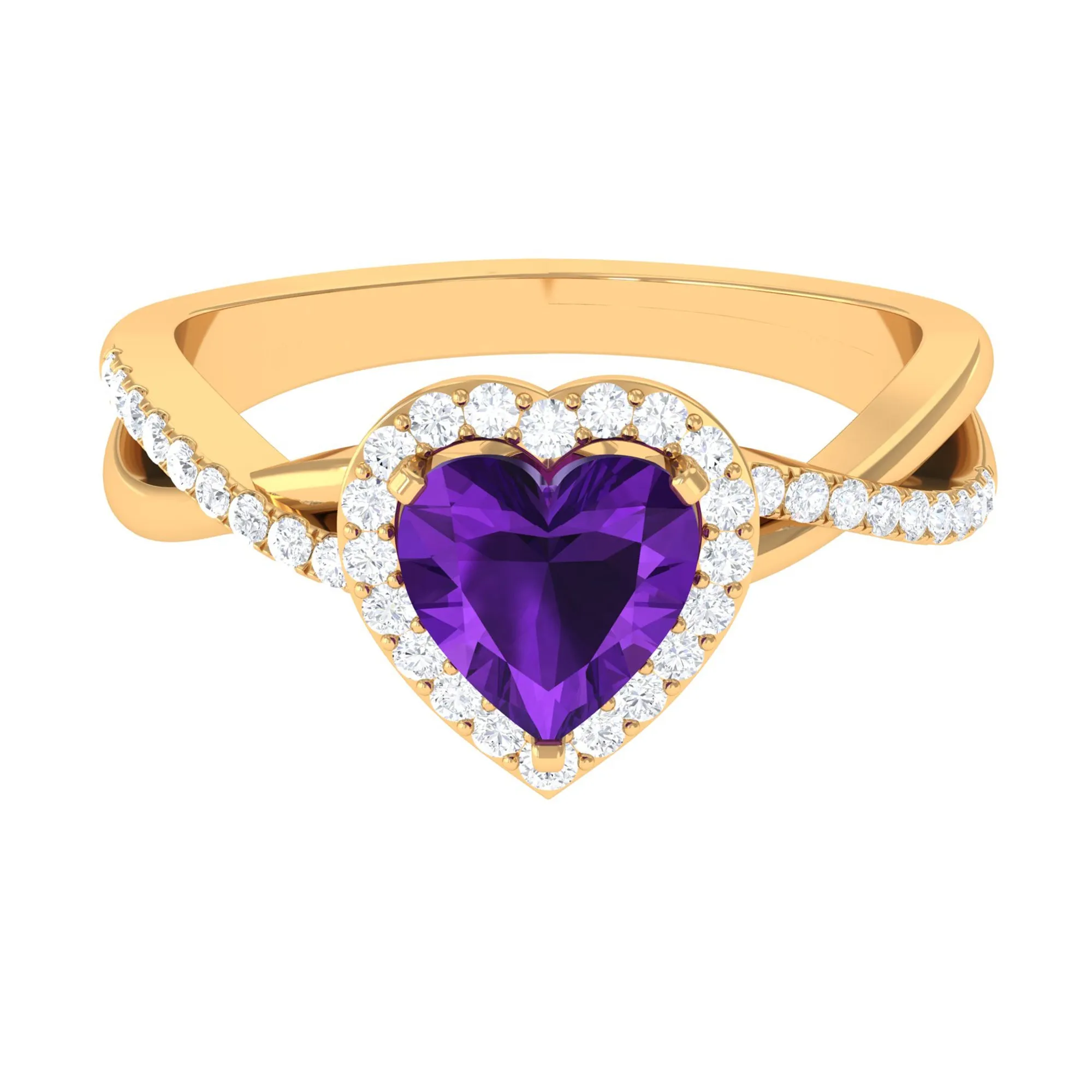 Heart Shape Amethyst Crossover Engagement Ring with Diamond