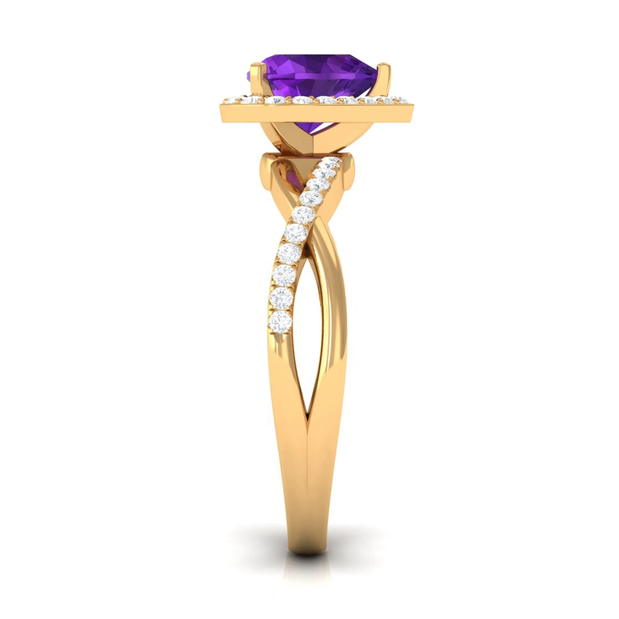 Heart Shape Amethyst Crossover Engagement Ring with Diamond