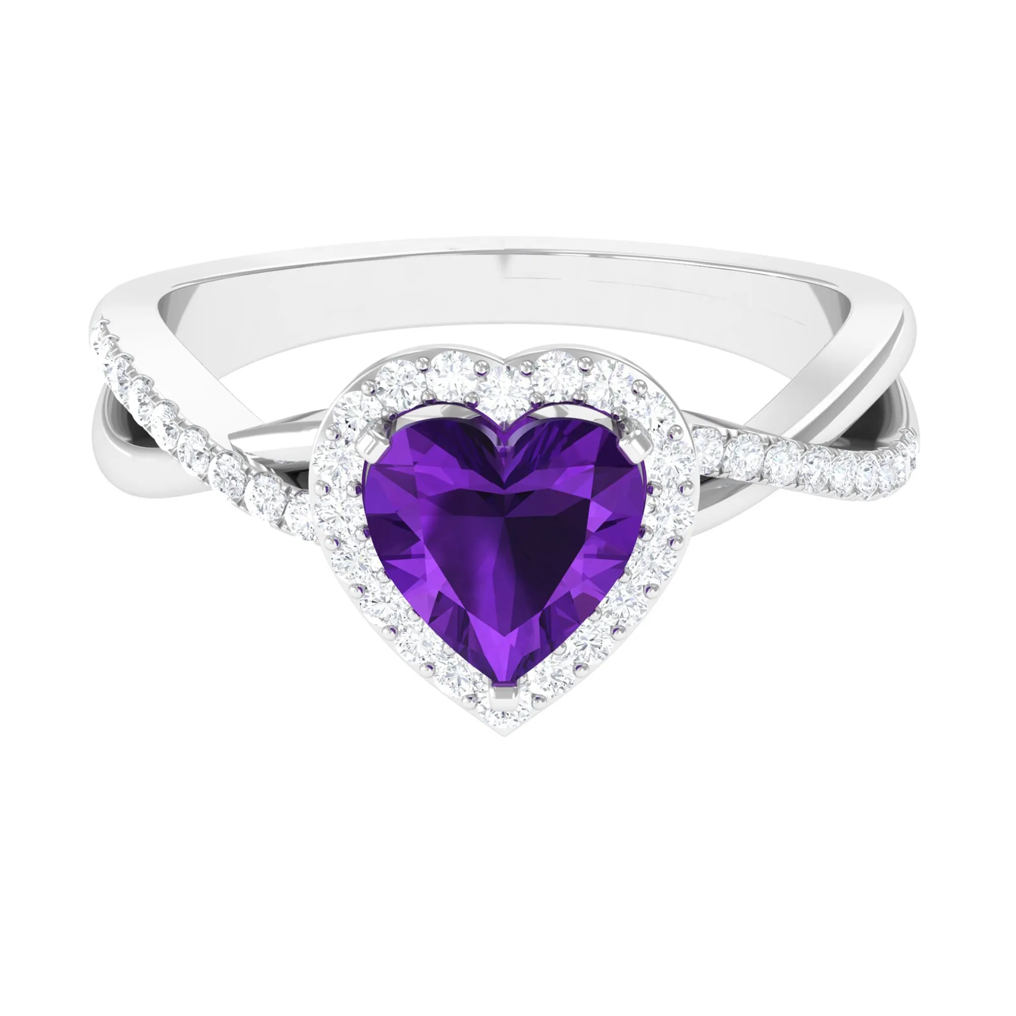 Heart Shape Amethyst Crossover Engagement Ring with Diamond