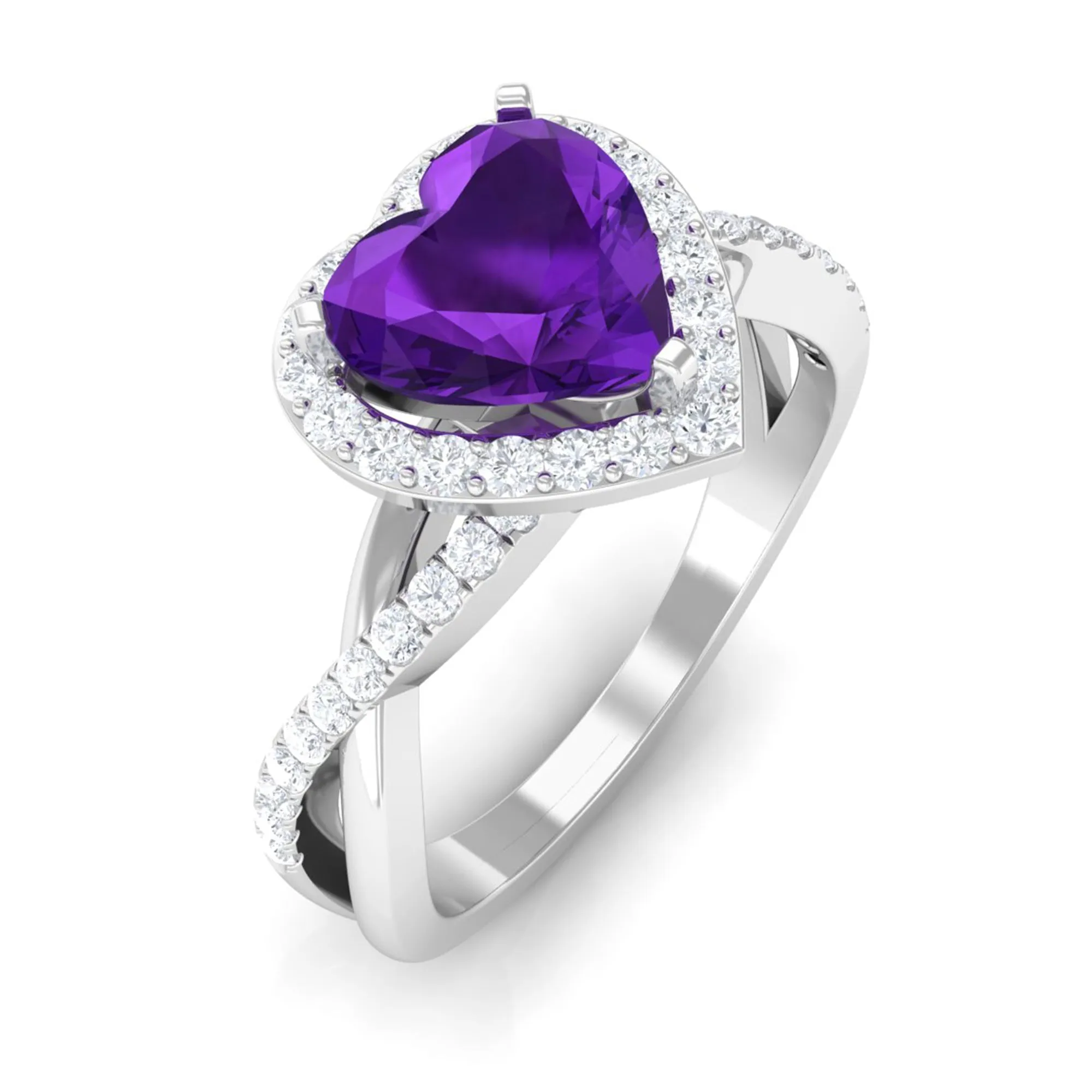 Heart Shape Amethyst Crossover Engagement Ring with Diamond