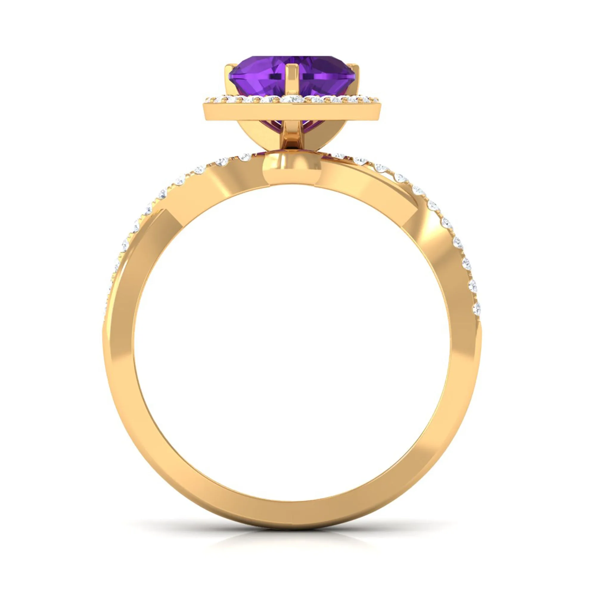 Heart Shape Amethyst Crossover Engagement Ring with Diamond