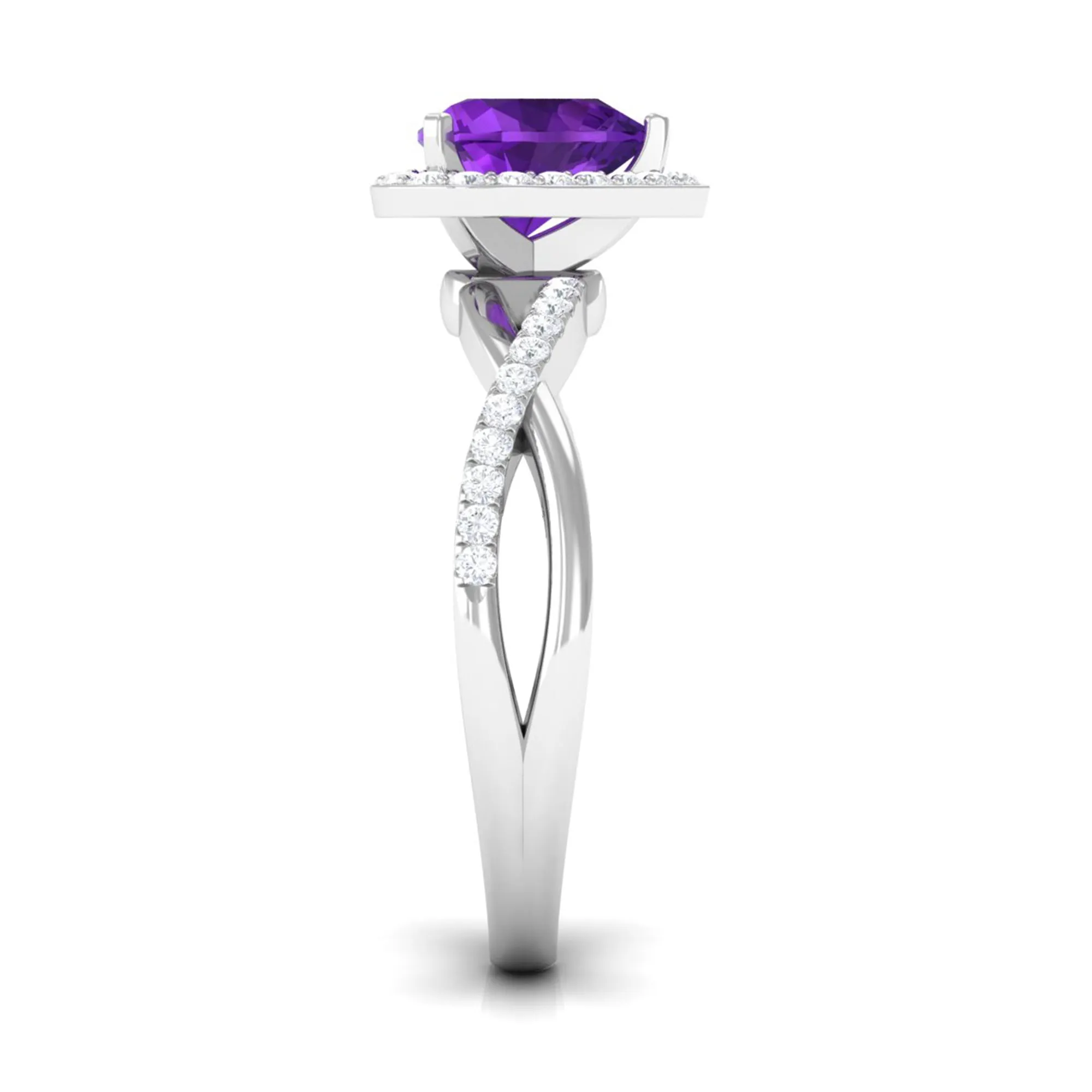 Heart Shape Amethyst Crossover Engagement Ring with Diamond