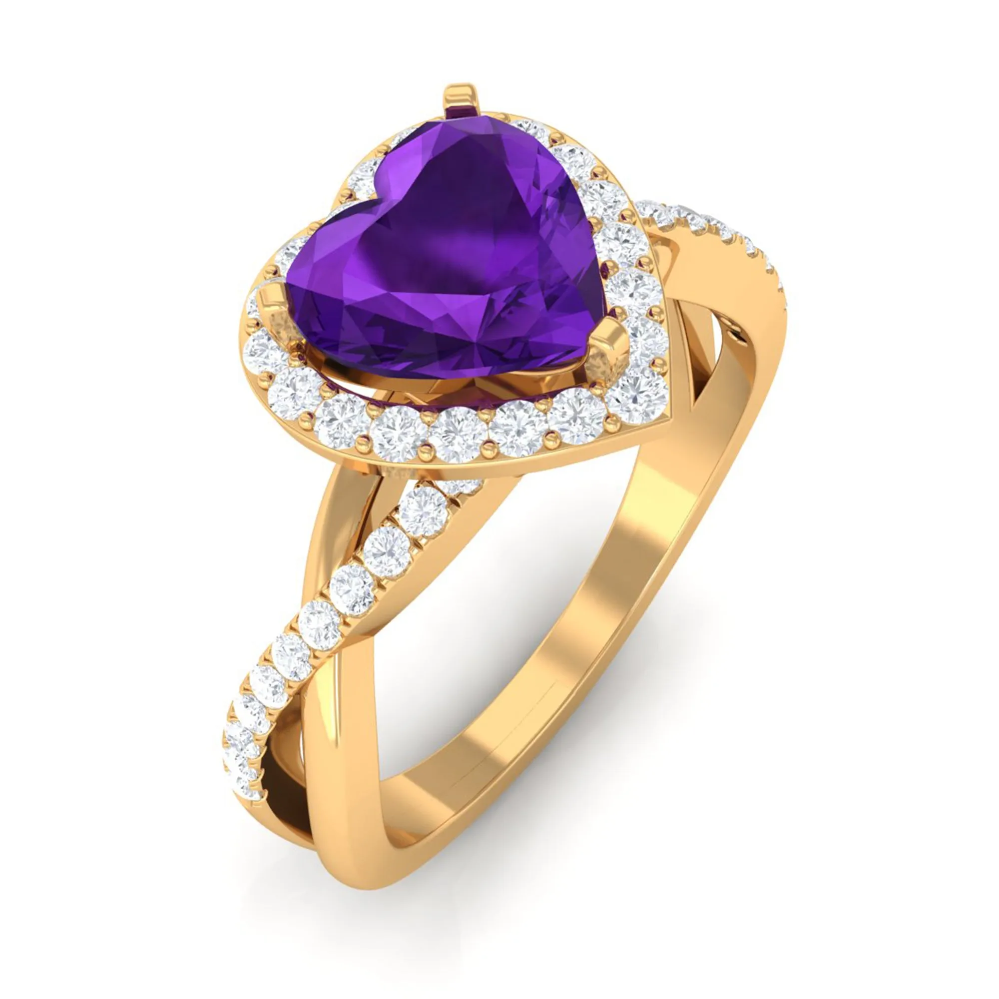 Heart Shape Amethyst Crossover Engagement Ring with Diamond