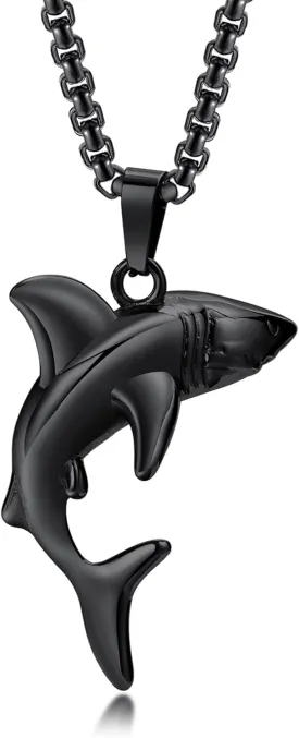 Hisatan Shark Pendant Necklace - Animal Jewelry for Men, Stainless Steel Shark Charm Pendant, 24'' Chain