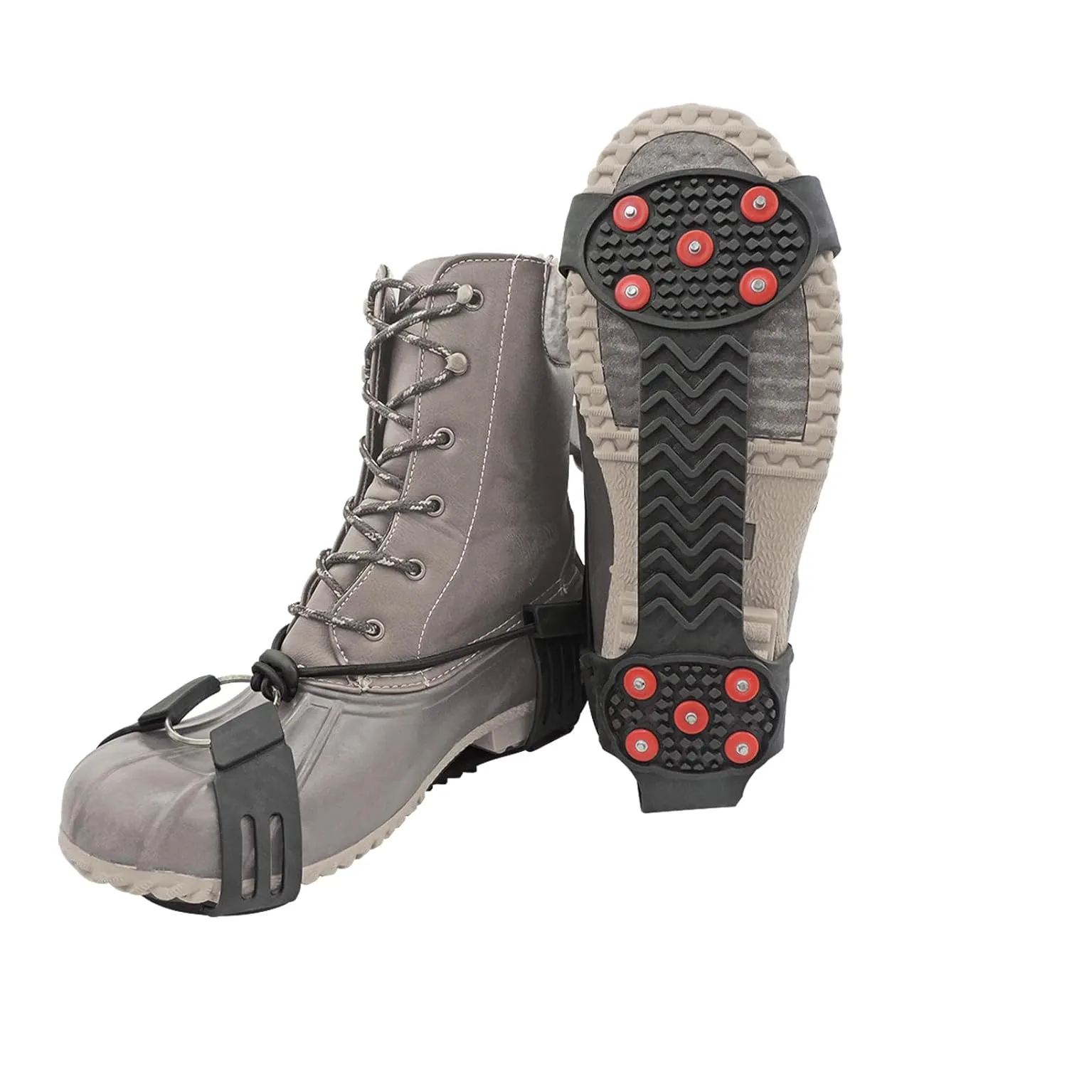 Ice Gripster Treads Nonslip Traction Cleats for Snow and Ice, Anti-Slip Overshoe Crampons with Adjustable Cinch Cord, 10 Carbon Steel Studs for Secure Grip, Large, Black and Red