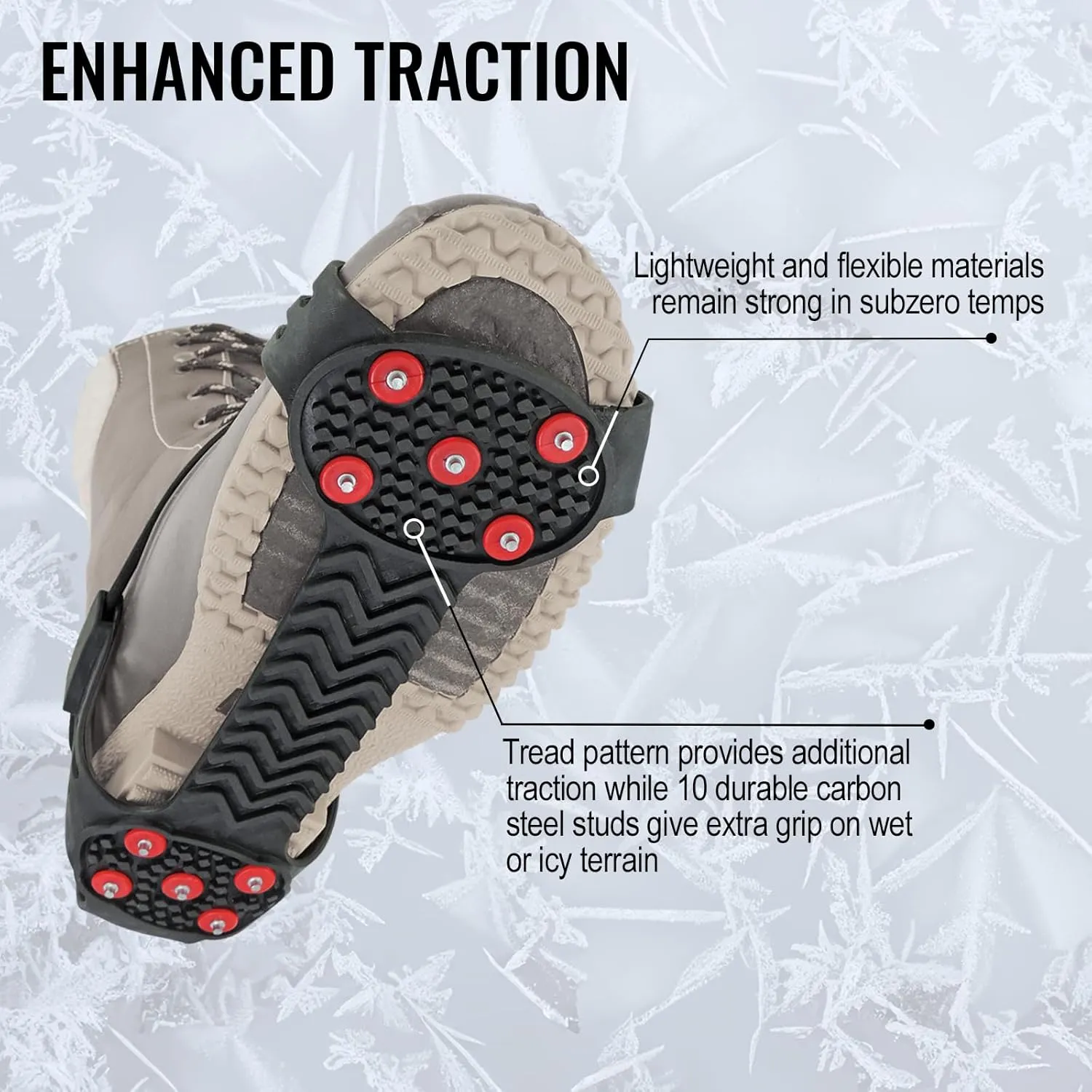 Ice Gripster Treads Nonslip Traction Cleats for Snow and Ice, Anti-Slip Overshoe Crampons with Adjustable Cinch Cord, 10 Carbon Steel Studs for Secure Grip, Large, Black and Red