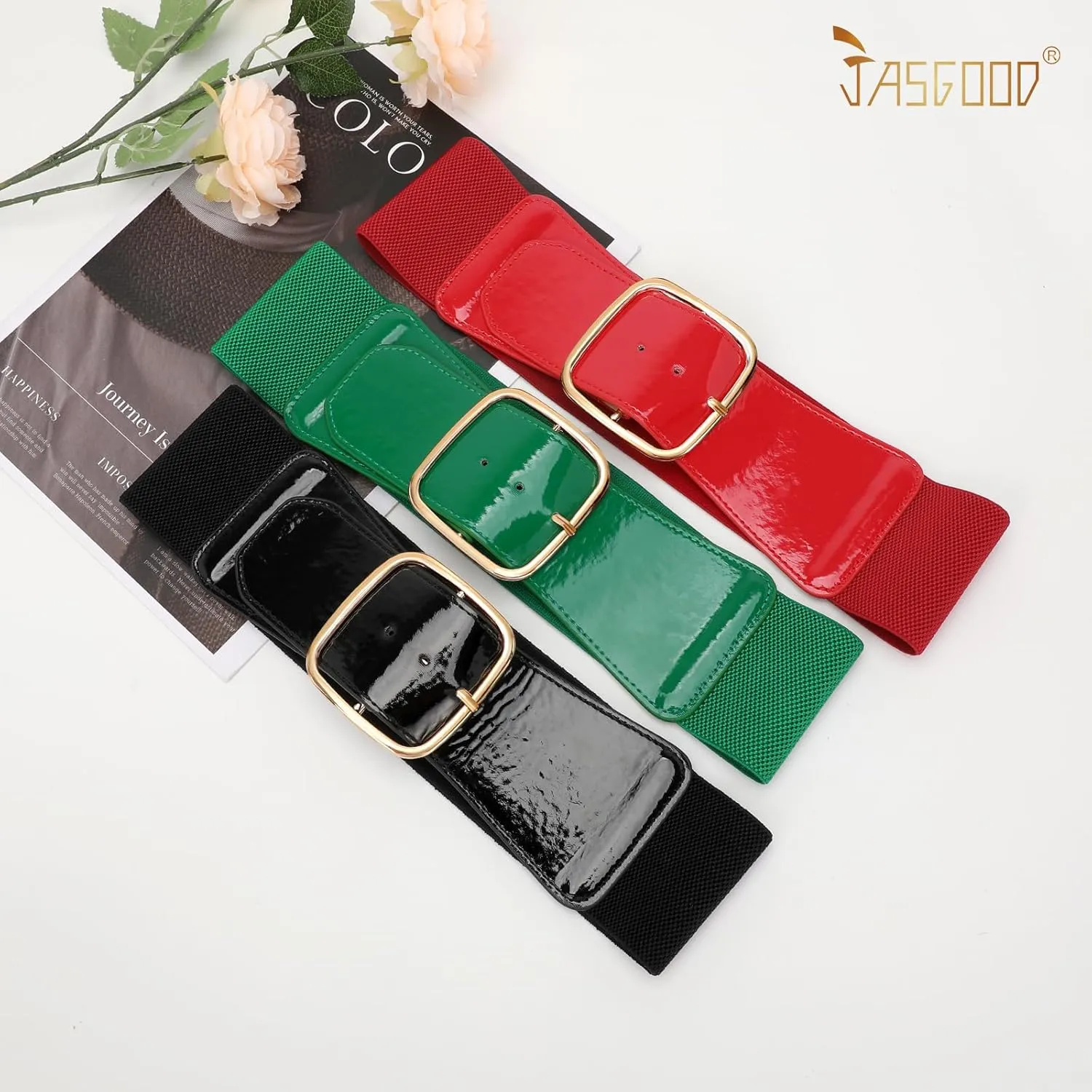 JASGOOD Women Elastic Wide Belt Ladies Stretchy Waist Belt with Square Buckle for Dress