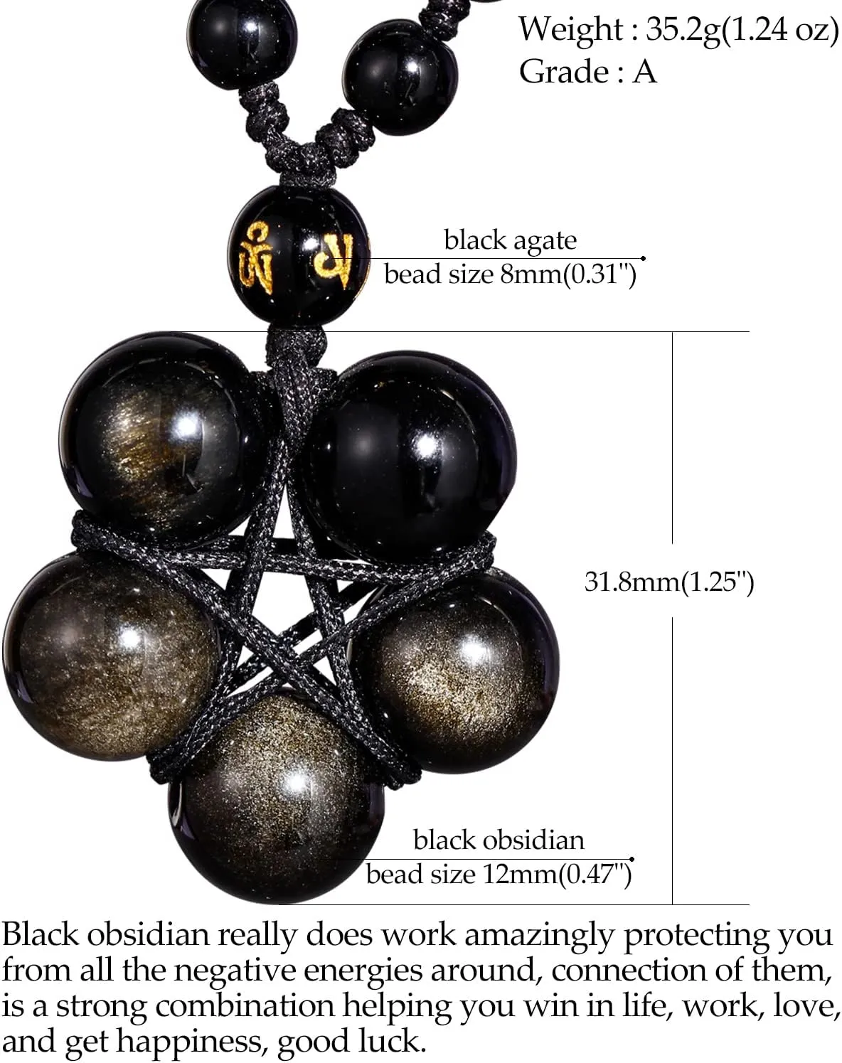 Jewever Tiger Eye Necklace Pendant Handmade Star-Shape Adjustable Energy Gemstone Healing Crystal 12mm Beads Unisex
