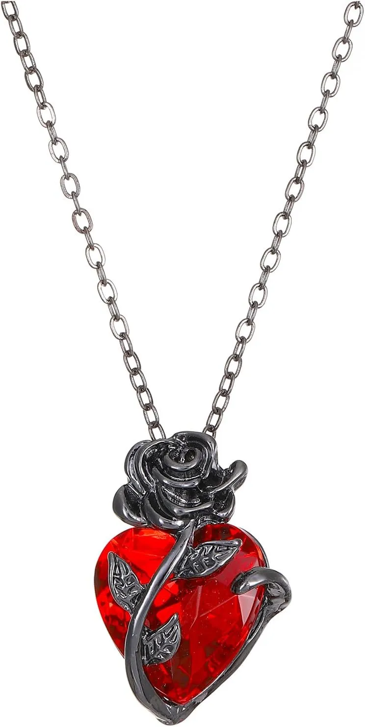 KURTCB Gothic Rose Heart Pendant Necklace Goth Emo Grunge Vampire Black Rose Necklace for Women Men