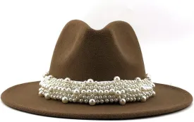 Lady British Fashion Elegant Wide Brim Fedora Panama Hat with Pearl Ring Women Men Classic Woolen Fedora Hats