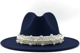 Lady British Fashion Elegant Wide Brim Fedora Panama Hat with Pearl Ring Women Men Classic Woolen Fedora Hats