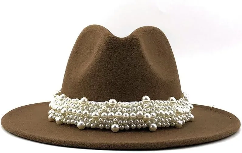 Lady British Fashion Elegant Wide Brim Fedora Panama Hat with Pearl Ring Women Men Classic Woolen Fedora Hats