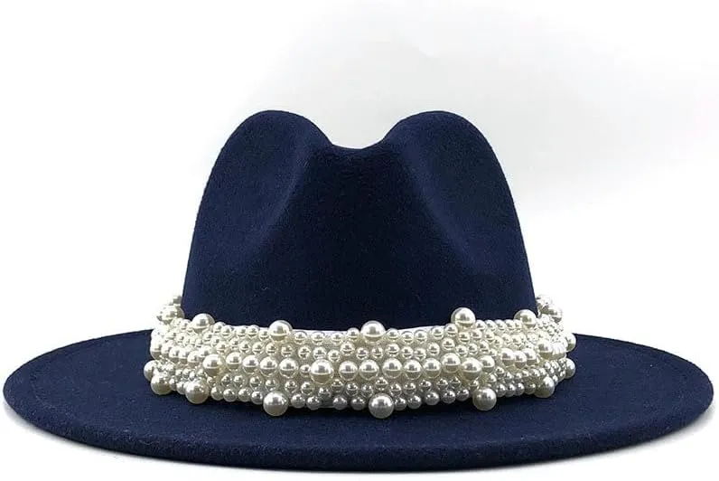 Lady British Fashion Elegant Wide Brim Fedora Panama Hat with Pearl Ring Women Men Classic Woolen Fedora Hats