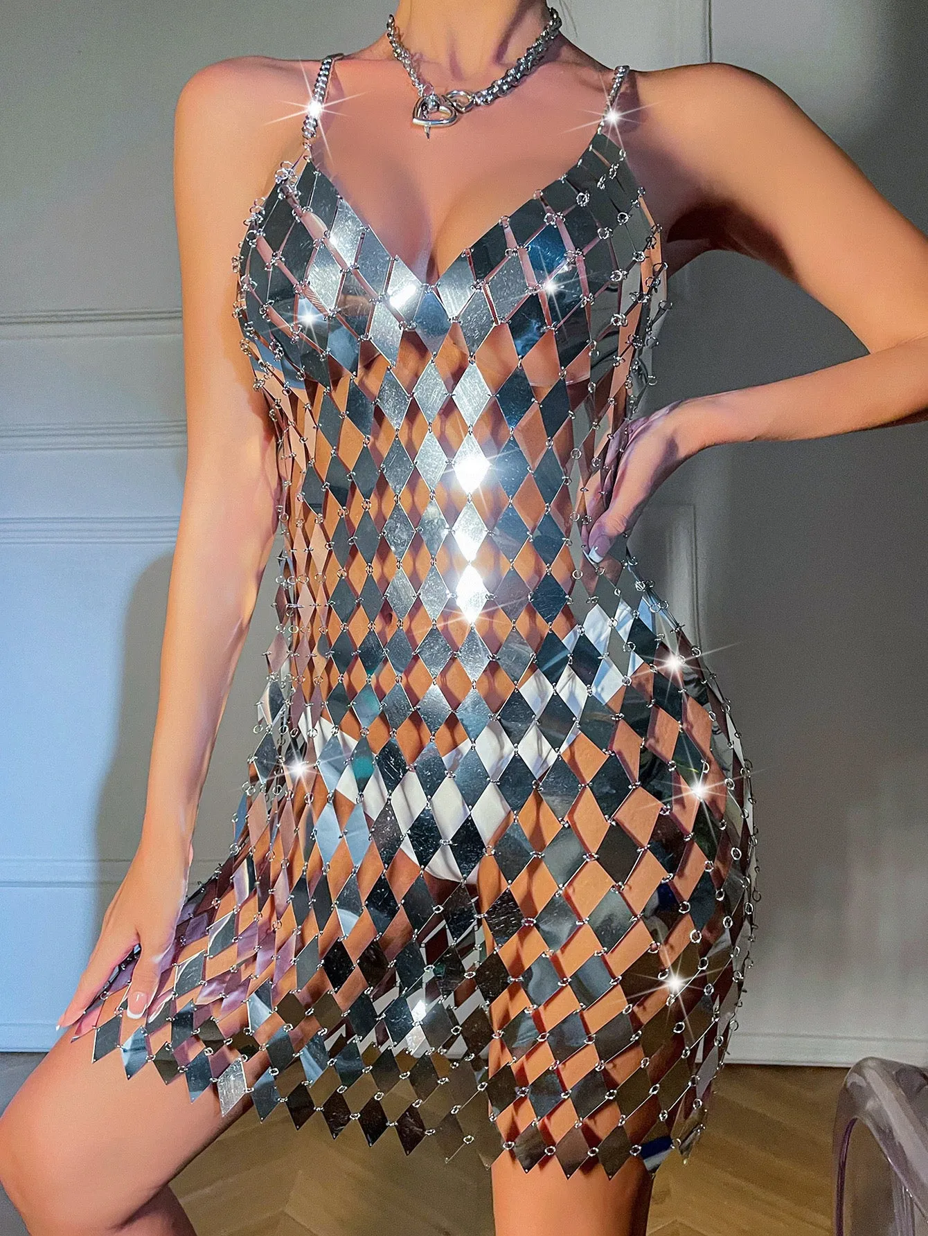 Low-cut Backless Chain Strap Deep V Acrylic Dress Lingerie Dress