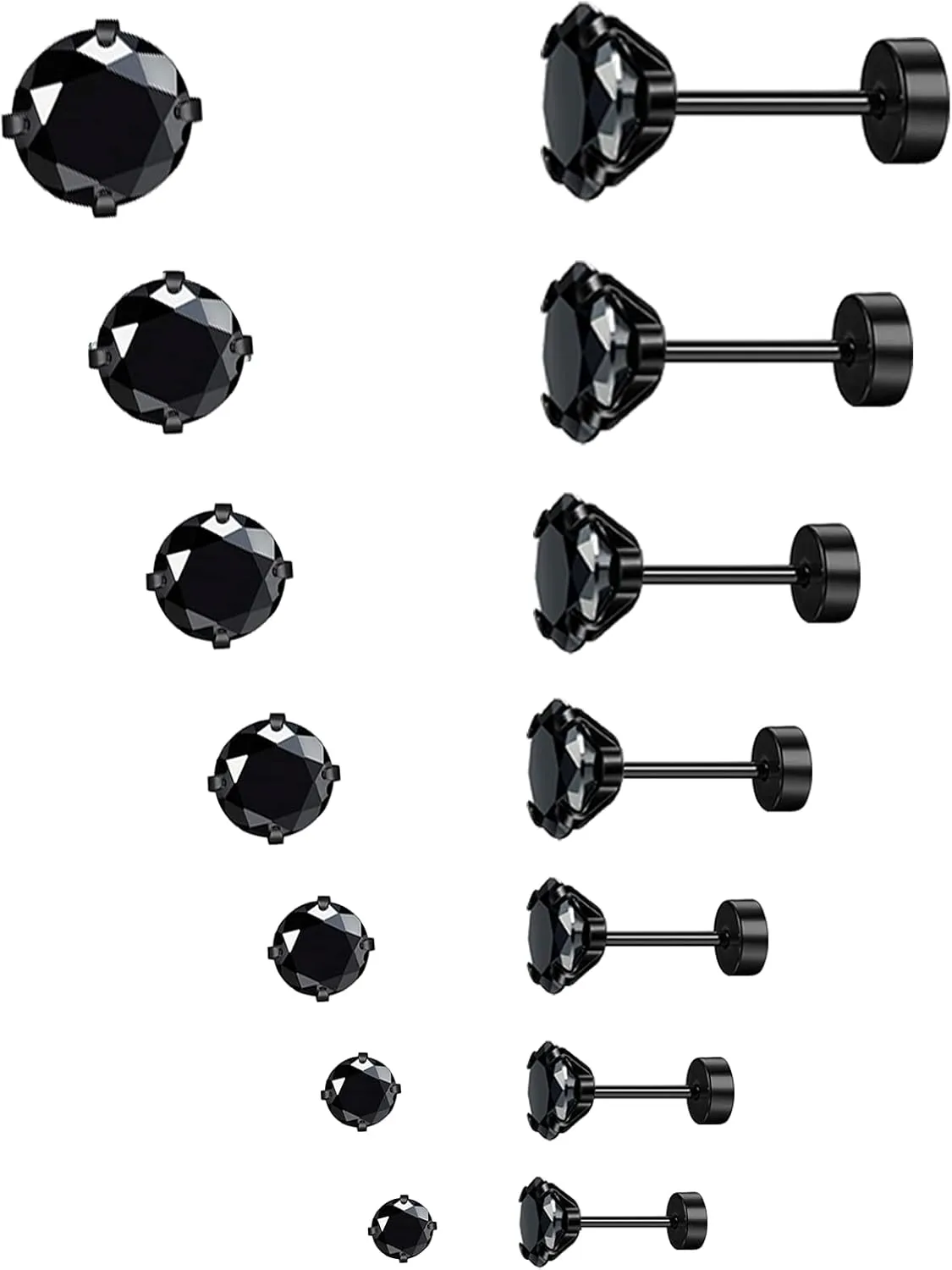 MJust Hypoallergenic Flat Back Earrings for Women & Men, 7 Pairs Stainless Steel Stud Earrings with Flat Backs, Screw Back Cartilage Earrings Set with CZ for Sensitive Ears