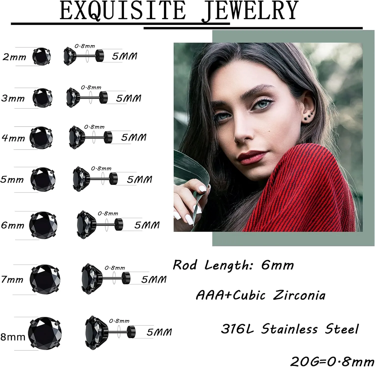 MJust Hypoallergenic Flat Back Earrings for Women & Men, 7 Pairs Stainless Steel Stud Earrings with Flat Backs, Screw Back Cartilage Earrings Set with CZ for Sensitive Ears