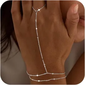 Moodear Sterling Silver Dainty Ring Bracelet Hand Chain for Women - 14K Gold Plated/Sterling Silver Layered Adjustable Satellite Bead Paperclip Dot CZ Link Hand Chain Bracelets Non Tarnish Trendy Jewelry Gift