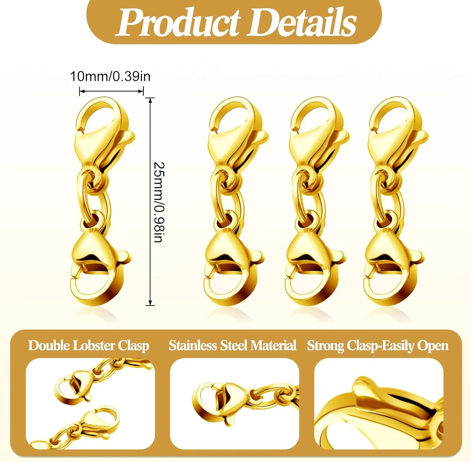 MTLEE Double Lobster Clasp Extender Double Claw Connector Bracelet Extension Clasp Small Bracelet Necklace Shortener for DIY Jewelry Making(0.98 Inch,Gold)