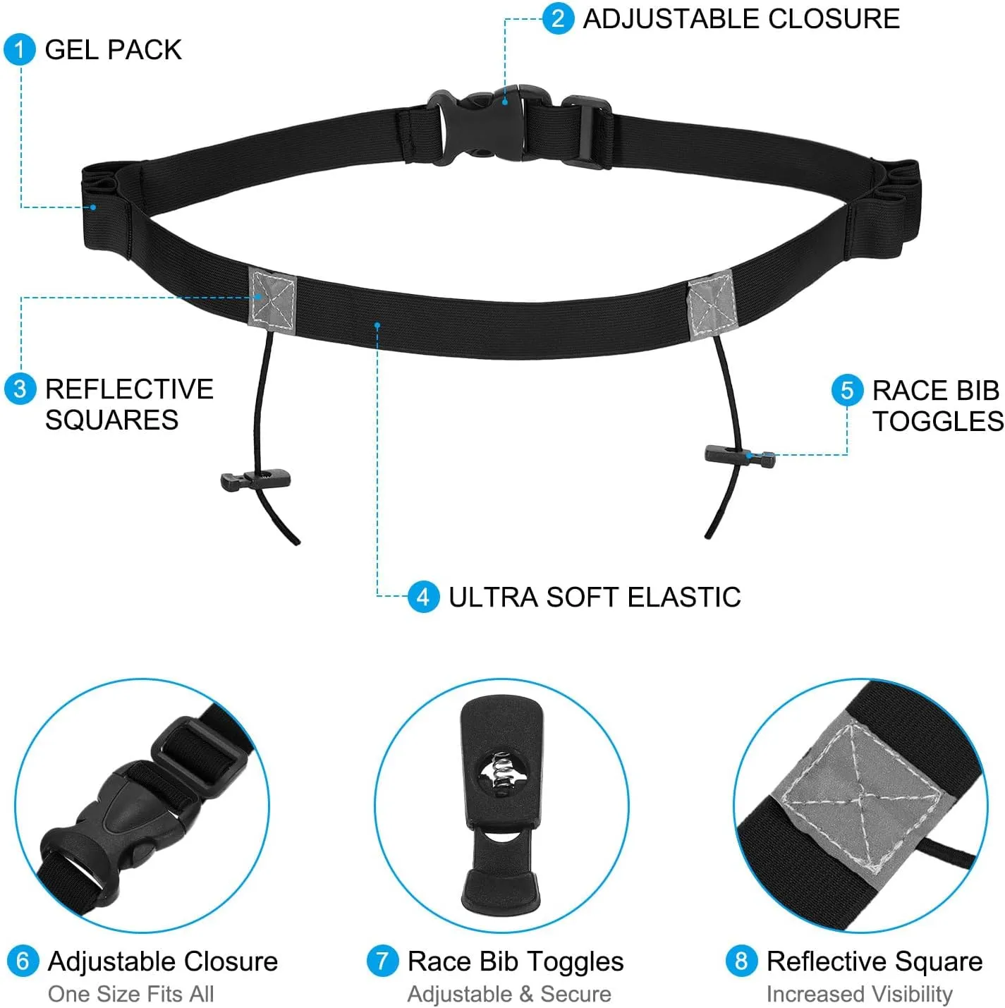 PATIKIL Elastic Triathlon Running Belt, 2 Pack Adjustable Race Number Belt Race Belt Bib Holder with 6 Energy Gel Loops for Marathons Racing Cycling, Black