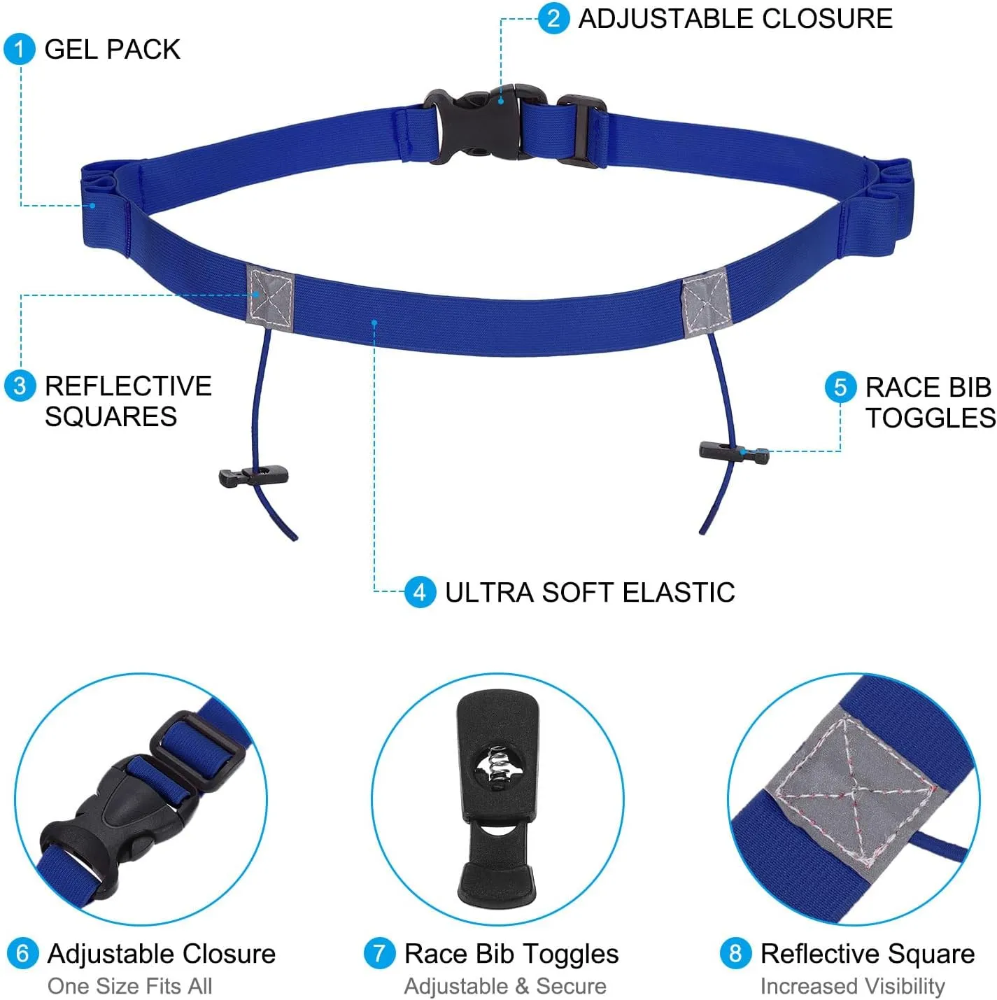 PATIKIL Elastic Triathlon Running Belt, 2 Pack Adjustable Race Number Belt Race Belt Bib Holder with 6 Energy Gel Loops for Marathons Racing Cycling, Blue