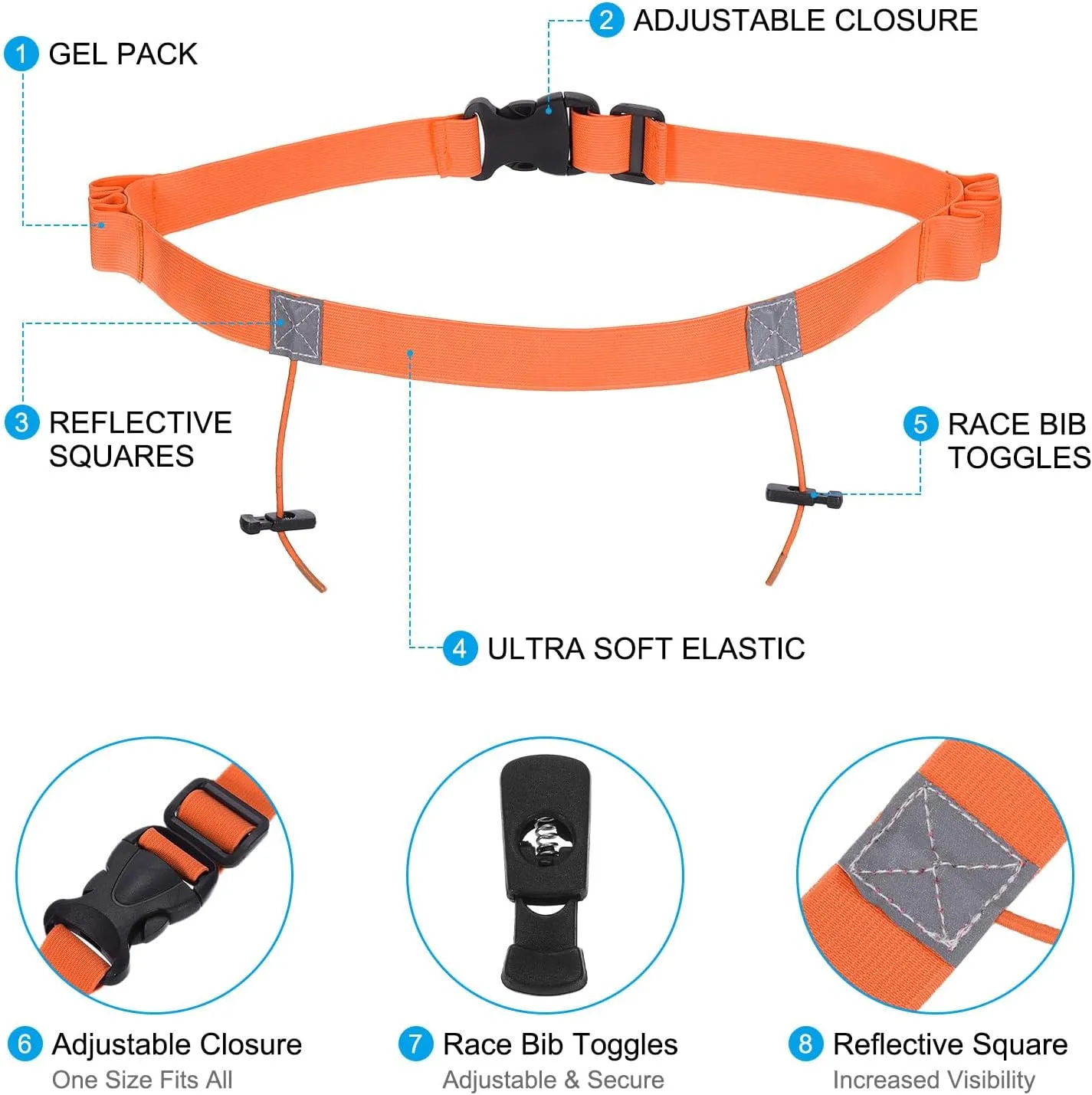 PATIKIL Elastic Triathlon Running Belt, 2 Pack Adjustable Race Number Belt Race Belt Bib Holder with 6 Energy Gel Loops for Marathons Racing Cycling, Orange