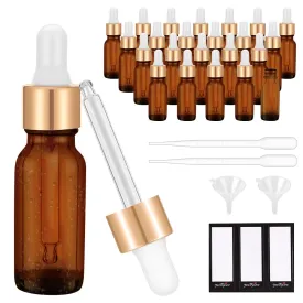 PrettyCare 15 ml Eye Dropper Bottle (24 Pack Amber Glass Bottles 0.5 oz with Golden Caps,2 Extra Measured Pipettes, 48 Labels, 2 Funnels) Empty Tincture Bottles for Essential Oils