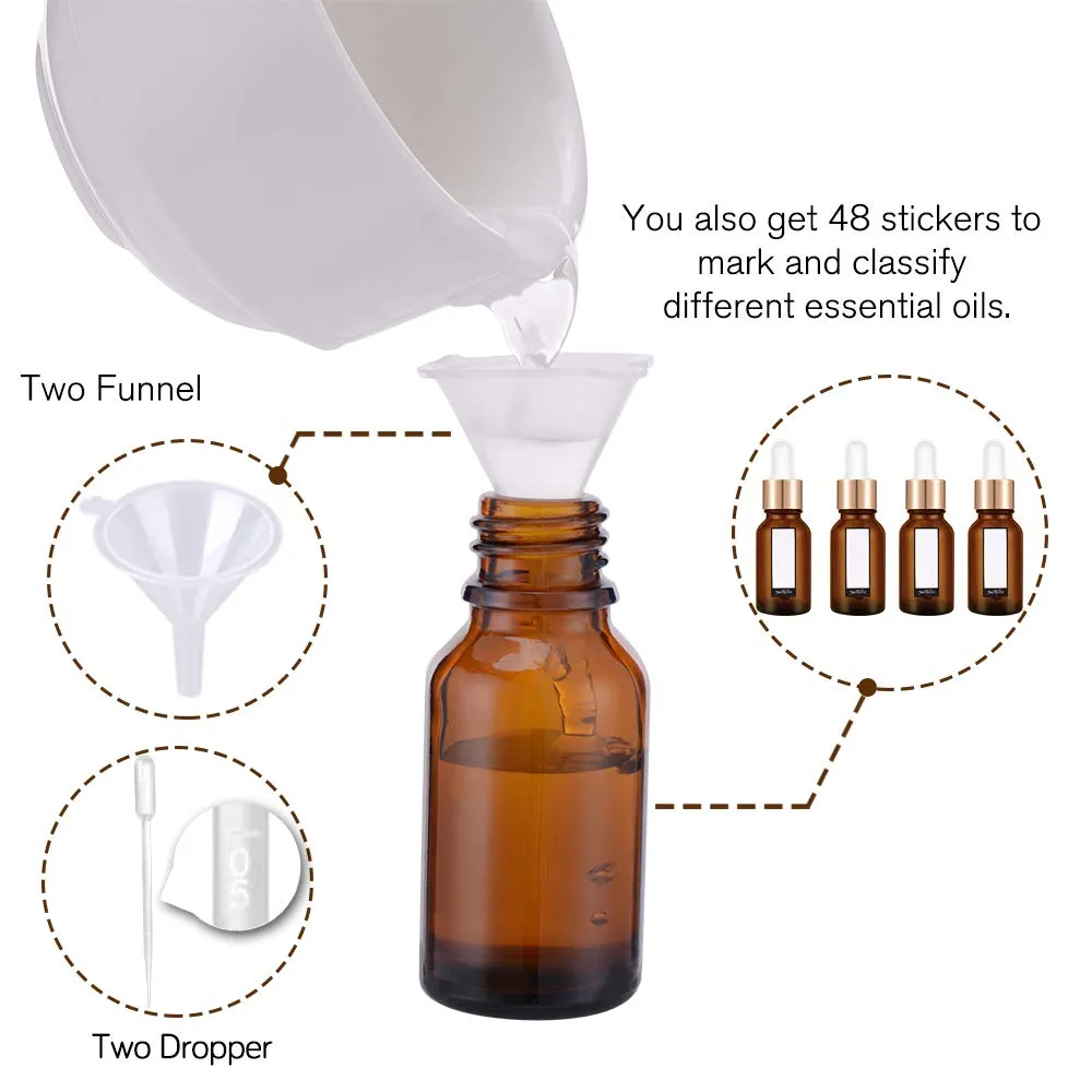 PrettyCare 15 ml Eye Dropper Bottle (24 Pack Amber Glass Bottles 0.5 oz with Golden Caps,2 Extra Measured Pipettes, 48 Labels, 2 Funnels) Empty Tincture Bottles for Essential Oils