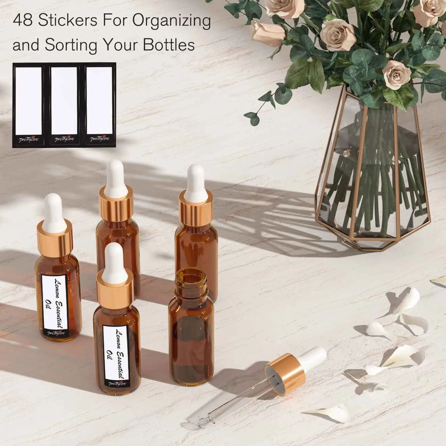 PrettyCare 15 ml Eye Dropper Bottle (24 Pack Amber Glass Bottles 0.5 oz with Golden Caps,2 Extra Measured Pipettes, 48 Labels, 2 Funnels) Empty Tincture Bottles for Essential Oils