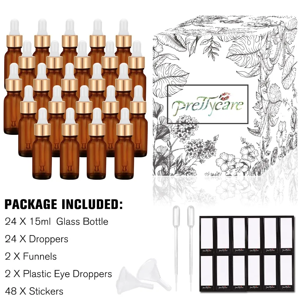 PrettyCare 15 ml Eye Dropper Bottle (24 Pack Amber Glass Bottles 0.5 oz with Golden Caps,2 Extra Measured Pipettes, 48 Labels, 2 Funnels) Empty Tincture Bottles for Essential Oils